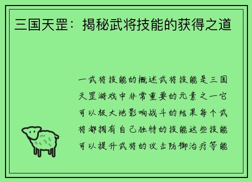 三国天罡：揭秘武将技能的获得之道